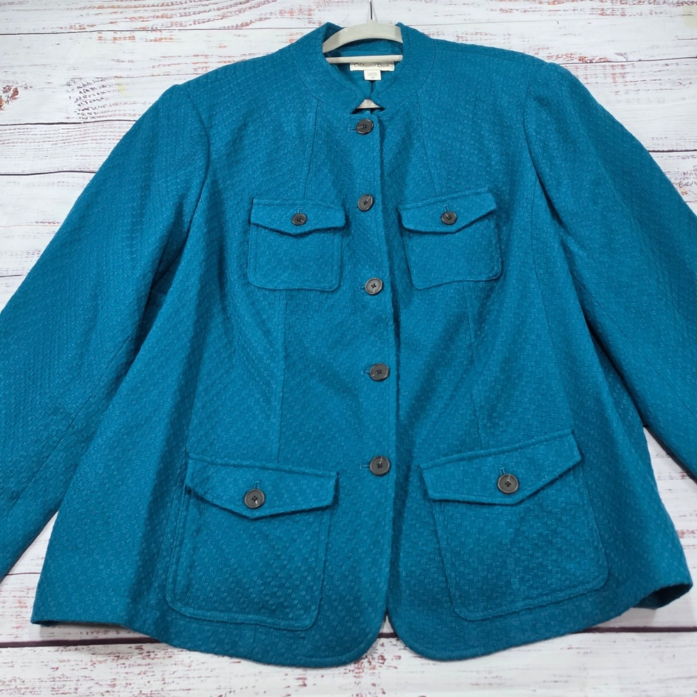 Coldwater Creek Jacket Women 24 Teal Blue Good Textured Wool Utility Pockets
